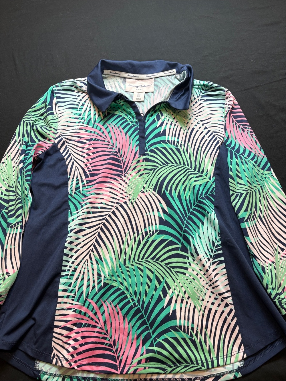 Tommy Bahama Navy Palm-Print Long Sleeve Polo with Pink and Green Leaves